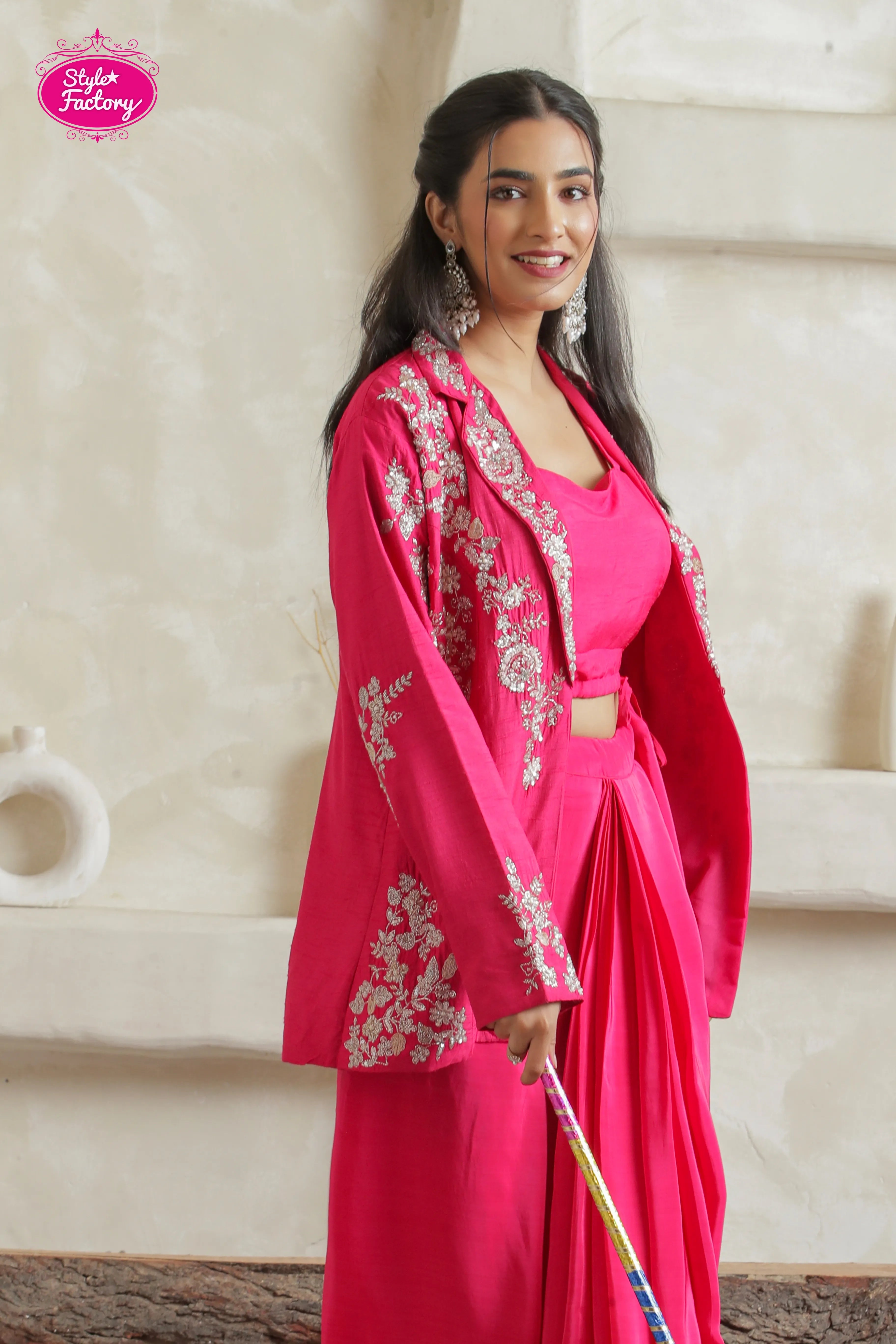Indowestern Drape 3-Piece Dress in Hot Pink